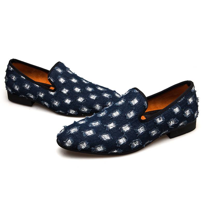 Casual Blue Denim Hollow Patched Light Breathable Style Men Loafers Shoes