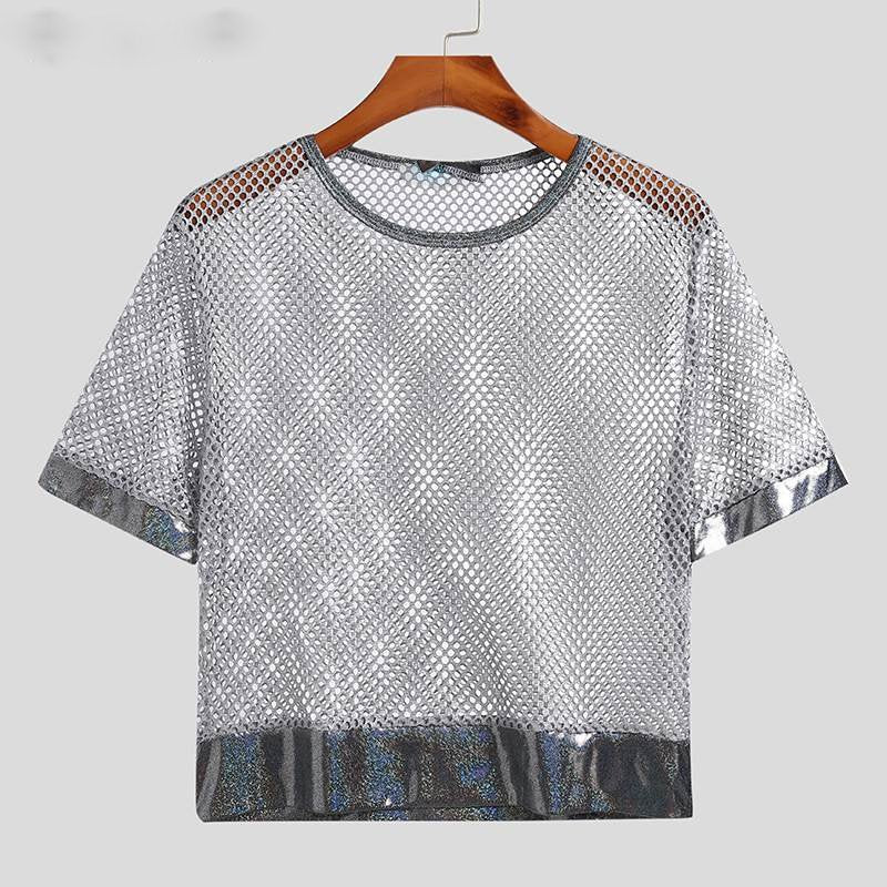 Silver Net See Through Mesh Patchwork T-Shirts