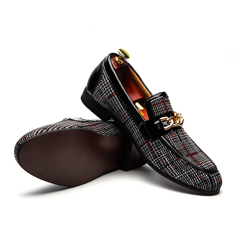 Luxury Plaid with Metal Chain Decoration Men Loafers Shoes