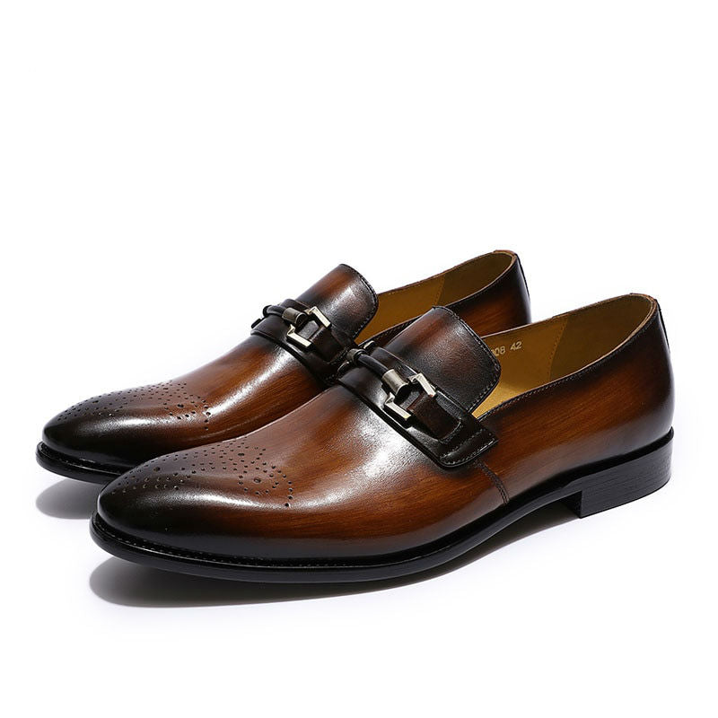 Metal Chain Buckle Medallion Perforated Toe Men Leather Loafer Shoes