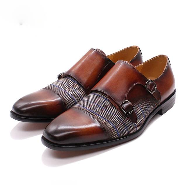 Plaids Patchwork Leather Double Monk Strap Pointed Toe Men Shoes