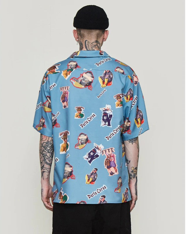 Ocean Blue Character Print in Hawaiian Loose Style Men Short Sleeves Shirt