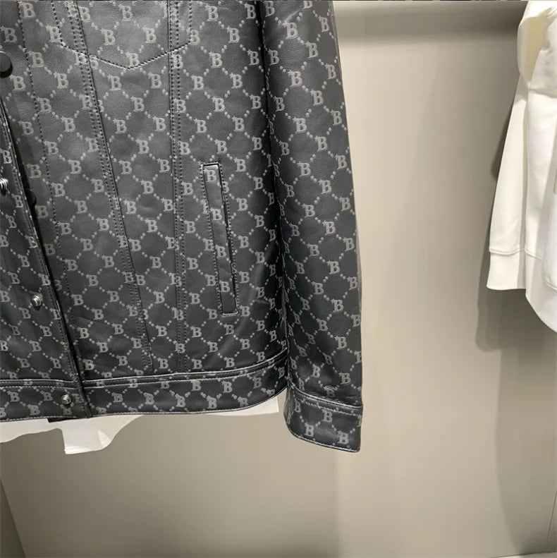 Black Geometric Pattern PU Leather Jacket