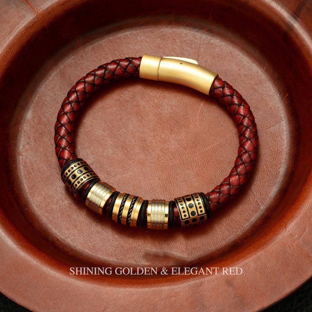 Red Brown Braided Full Grain Leather with Stainless Beads Men Bracelet