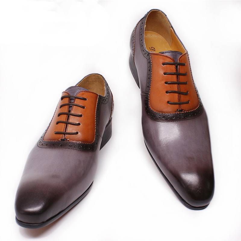 Gray Hand Polished Pointed Two Double Colors Men Oxford Shoes