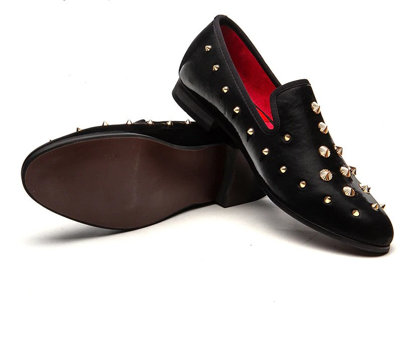 Solid Black with Gold Rivets Men Loafers Shoes