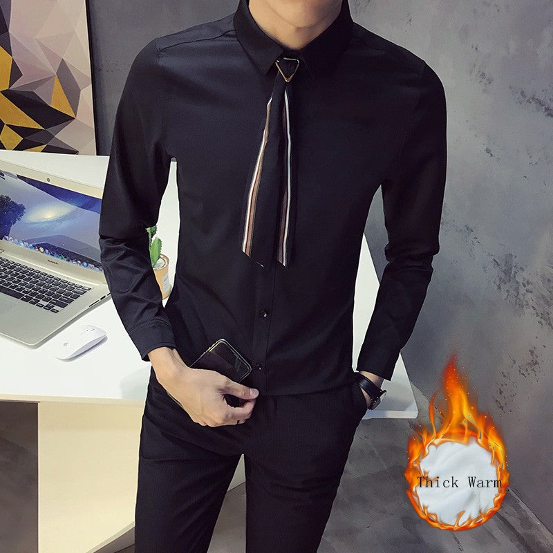Casual Plain Solid with Scarf Tie Design Men Long Sleeves Shirt - FanFreakz