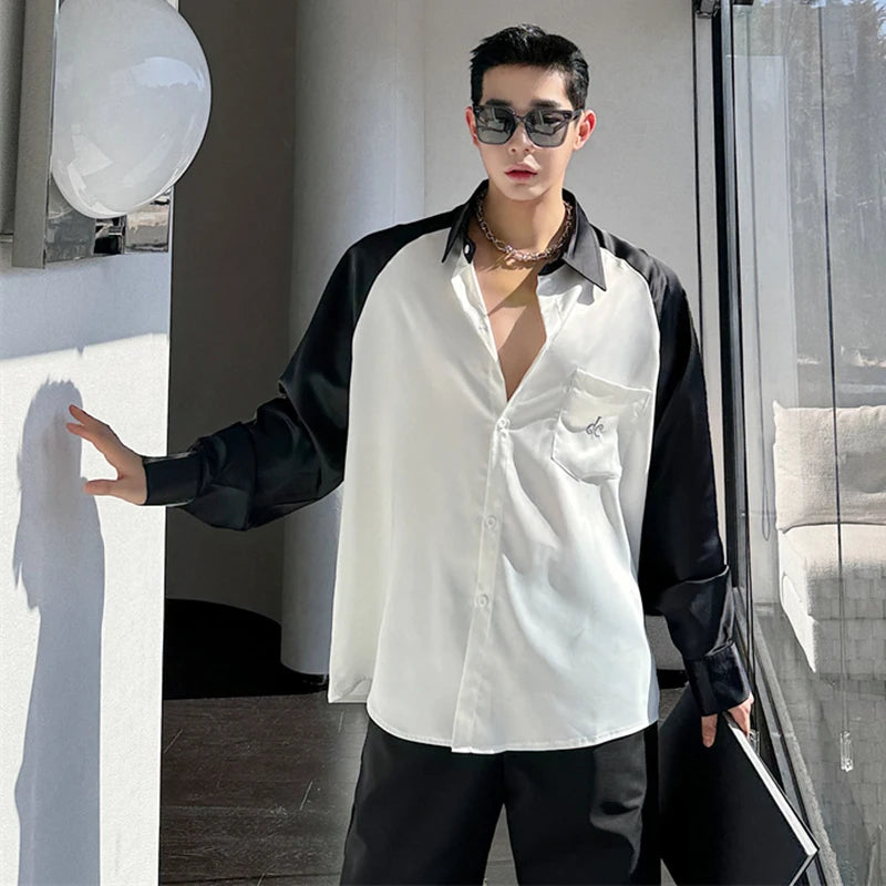 Contrast Color Spliced Pocket Embroidery Shirt