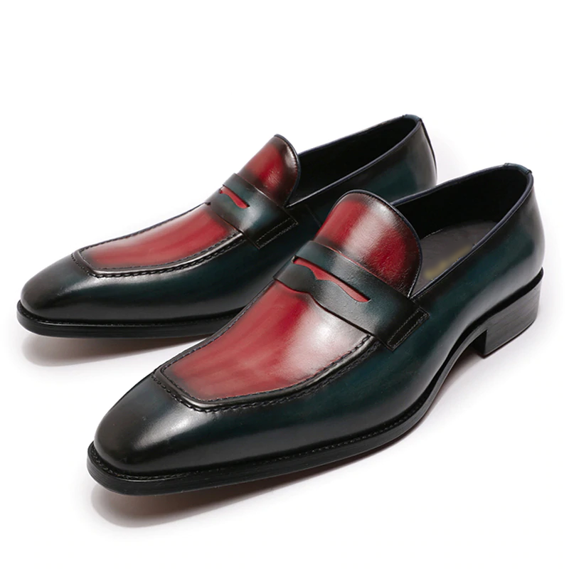 Mens Loafers Genuine Calf Leather Blue Red Men Dress Shoes Italian