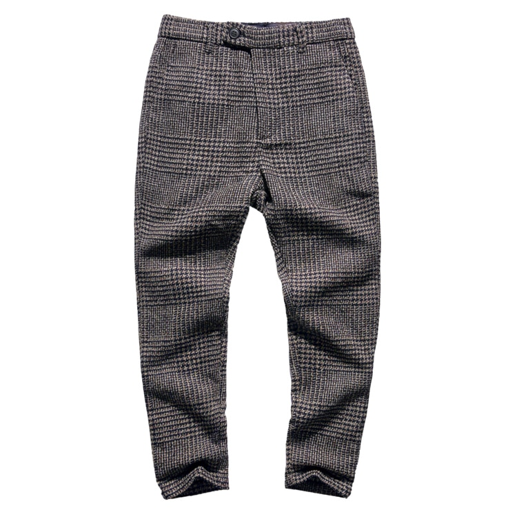 Casual Grey Plaid Woolen Stretch Men Trousers