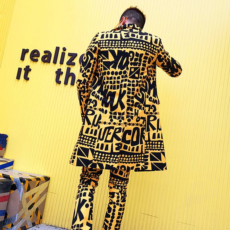 Yellow with Full Letter Print Slim Fit Costume Style Men Suit