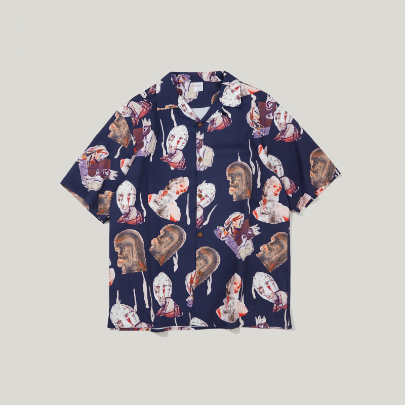 Navy Character Print in Hawaiian Loose Style Men Short Sleeves Shirt