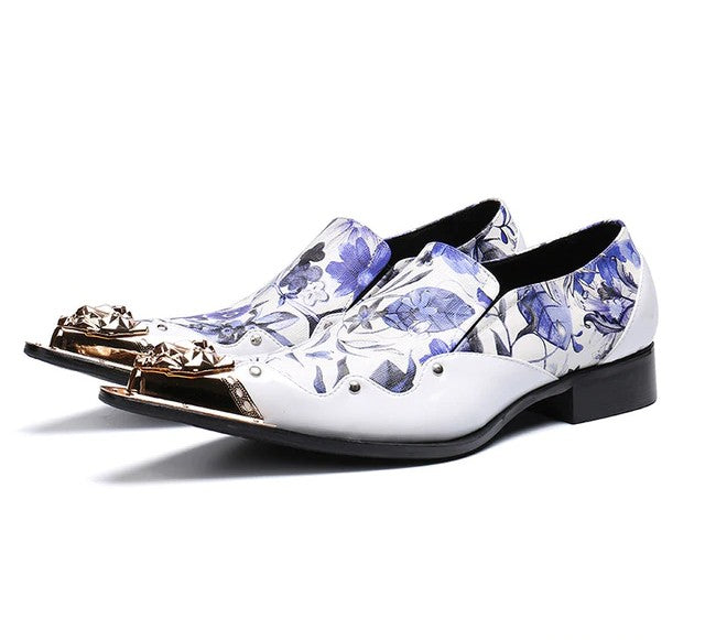 Pointed Metal Tip Toe Floral Print Italy Style Men Shoes