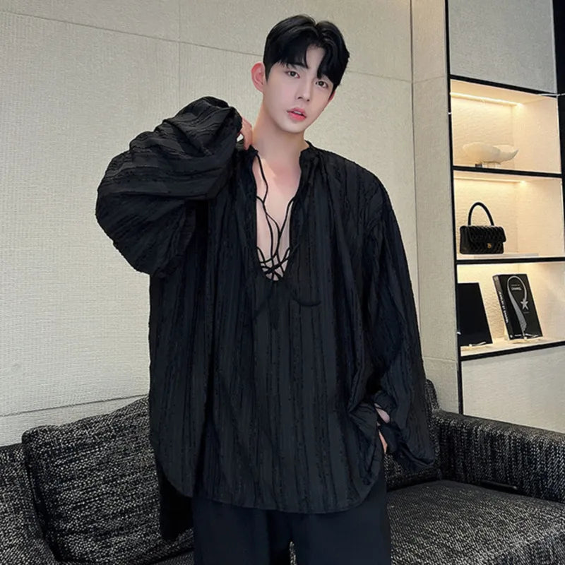 Lace-Up Loose Lantern Sleeve Shirt