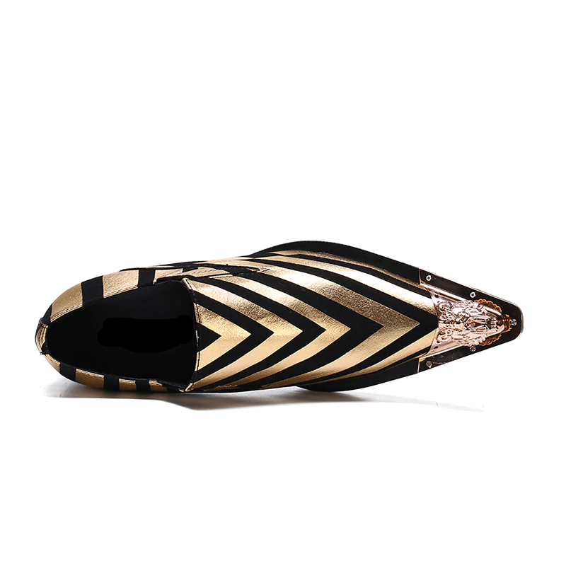 Metallic Striped Leather Pointed Metal Toe Men Shoes