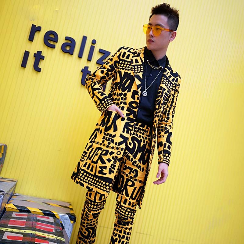 Yellow with Full Letter Print Slim Fit Costume Style Men Suit