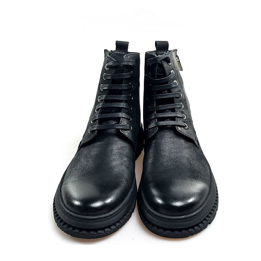 Black Casual Lace Up Men Mid Calf Leather Boots - FanFreakz