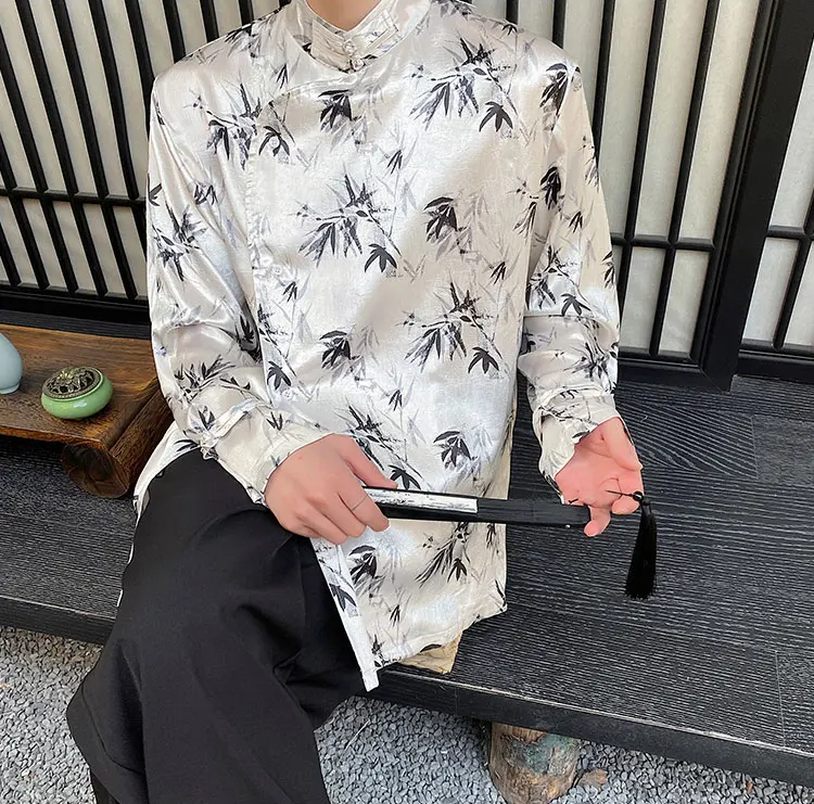 Leaves Printed Side Button Chinese Style Shirt