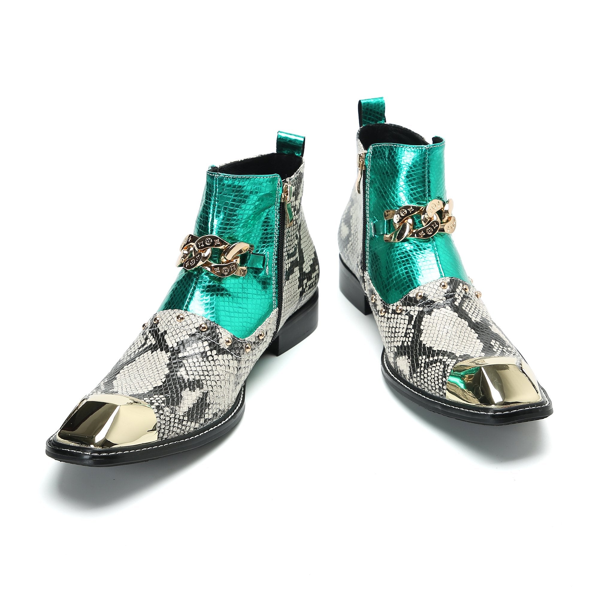 Snake Pattern Metal Appliques Genuine Leather Boots