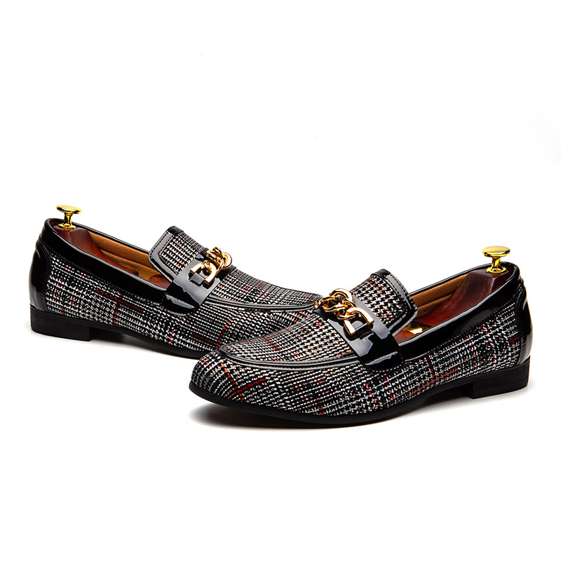 Luxury Plaid with Metal Chain Decoration Men Loafers Shoes