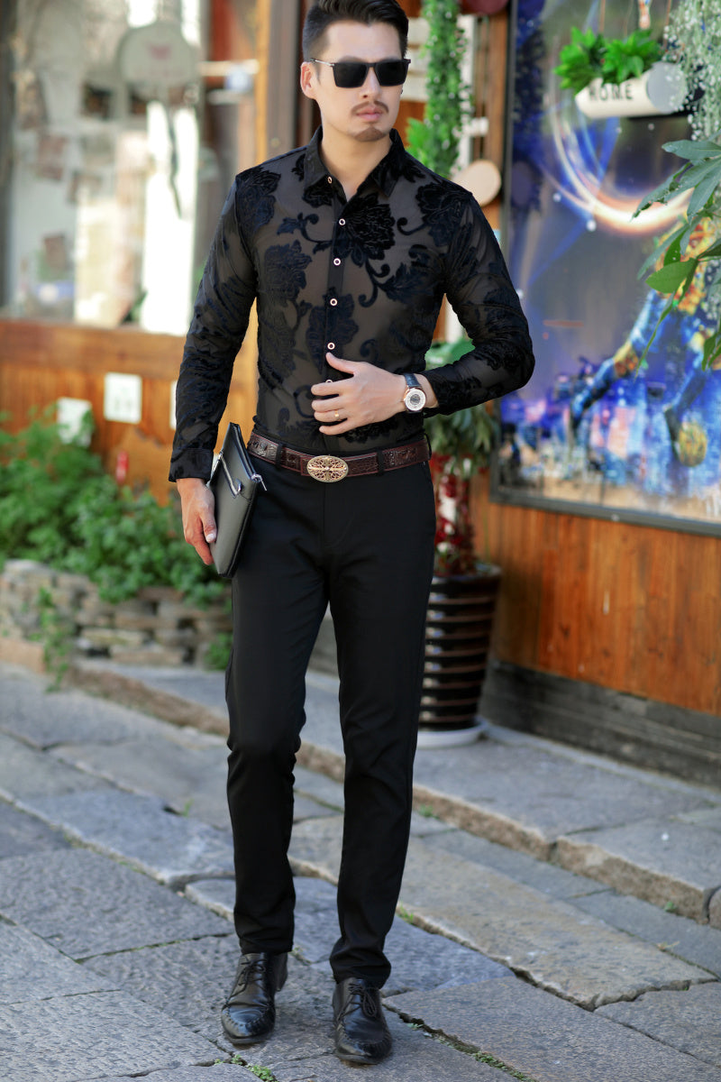 Semi Transparent Dark Floral Pattern Men Long Sleeves Velvet Shirt
