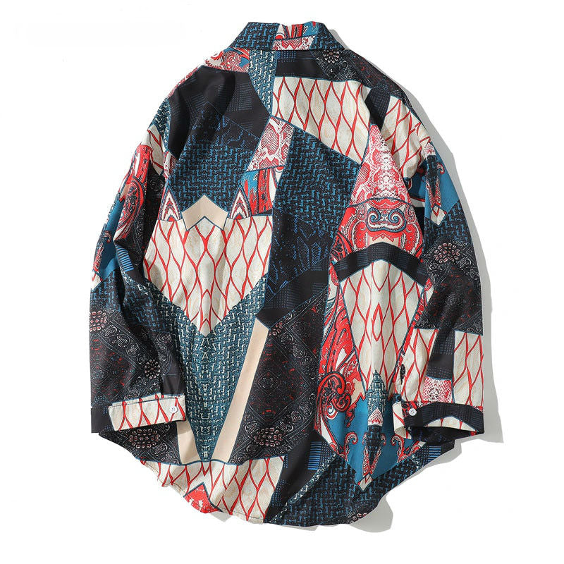 Japanese Ukiyo E Geometry Pattern Casual Streetwear Men Shirt