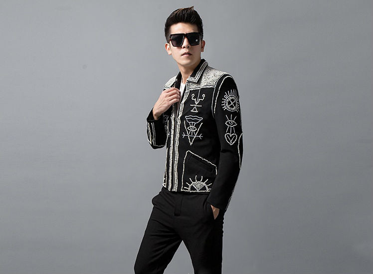 Unique Tribal Art Pattern Sequin Men Black Blazer