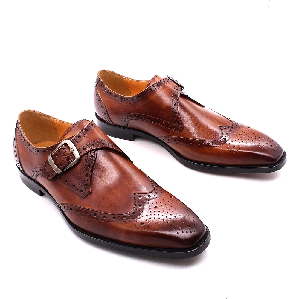 Elegant Genuine Leather Italian Wingtip Brogue Shoes with Monk Strap