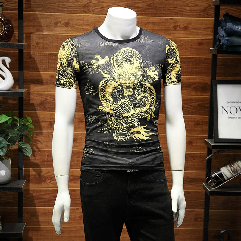 Summer Wind Dragon Chinese Style Printing Men T-Shirt