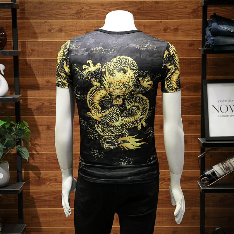 Summer Wind Dragon Chinese Style Printing Men T-Shirt
