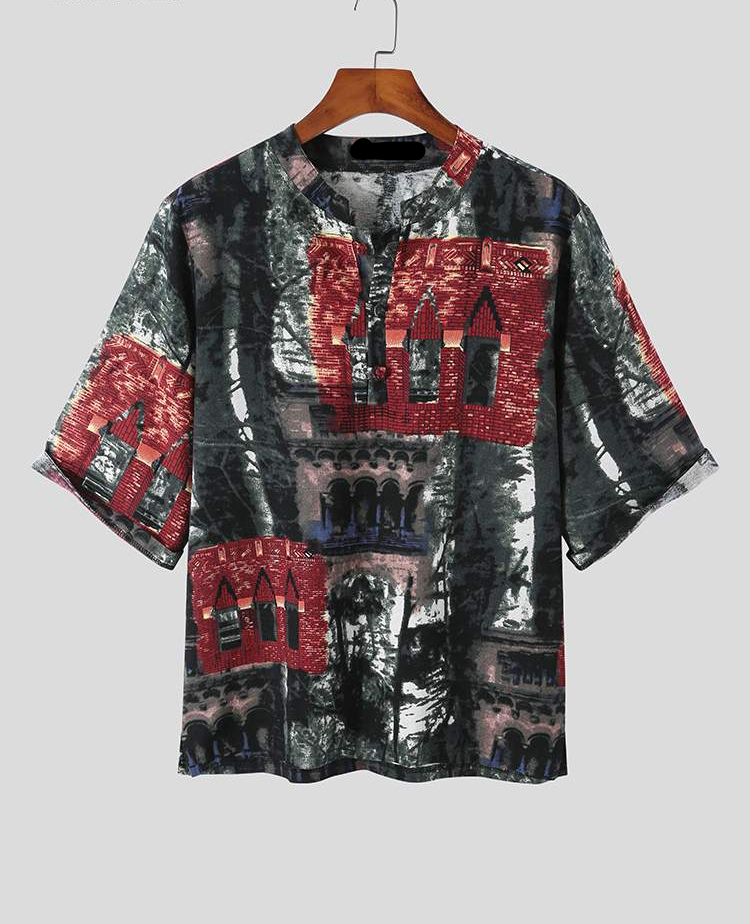 Mandarin Collar Abstrac Printed Short Sleeve Shirt