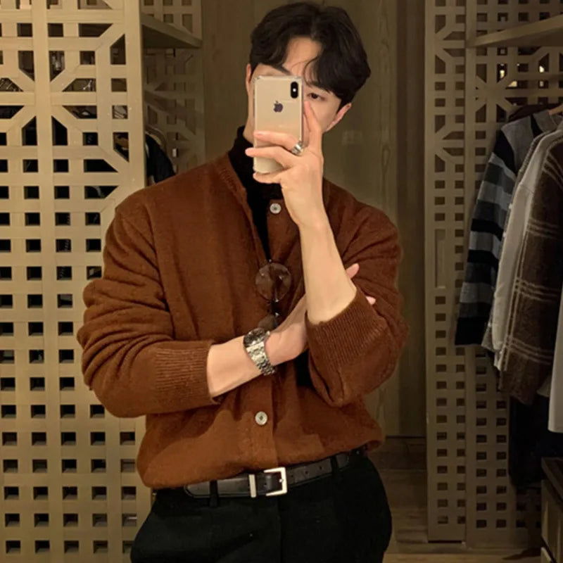 Coffee Brown Solid Knitting Cardigan