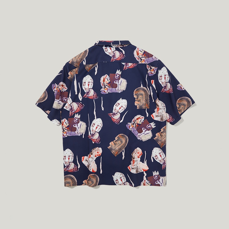 Navy Character Print in Hawaiian Loose Style Men Short Sleeves Shirt
