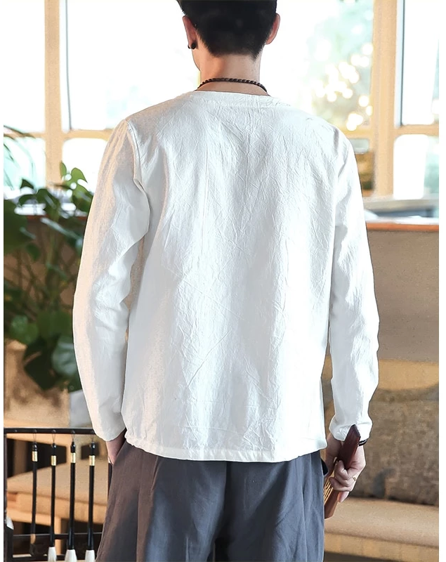 Chinese Asymmetric Lining Tied Long Sleeve Casual Style Men Shirts