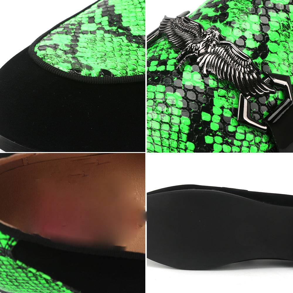 Black Green Snake Pattern Men Loafers Shoes