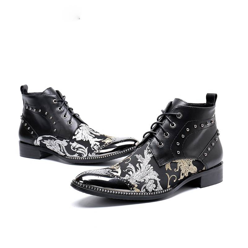 Genuine Leather Baroque Pattern Luxurious Design Men Ankle Boots