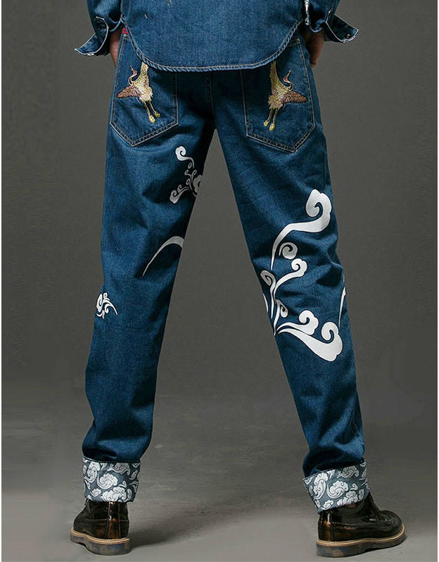 Oriental Pattern with HanZi Letter Details Men Jeans