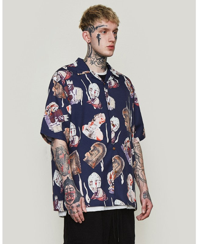 Navy Character Print in Hawaiian Loose Style Men Short Sleeves Shirt