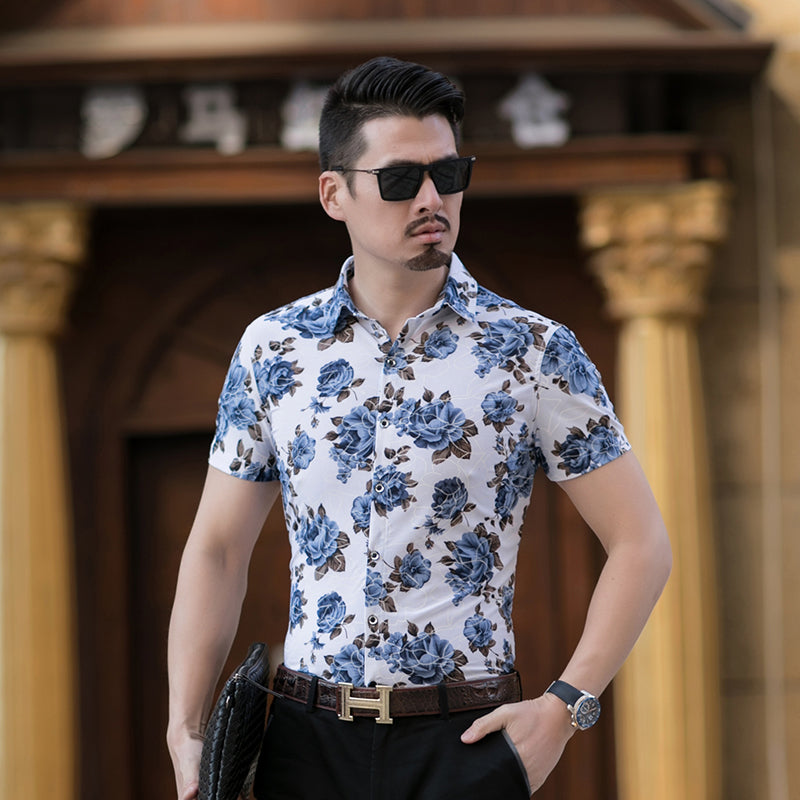 Floral Print Summer Short Sleeve Style Men Shirt