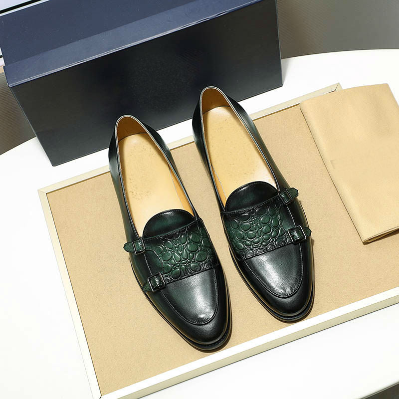 Croco Embossed Closure Double Monk Strap Men Genuine Leather Shoes - FanFreakz