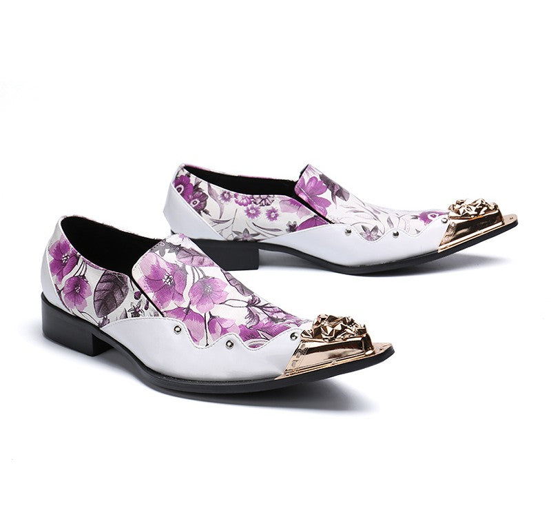 Pointed Metal Tip Toe Floral Print Italy Style Men Shoes