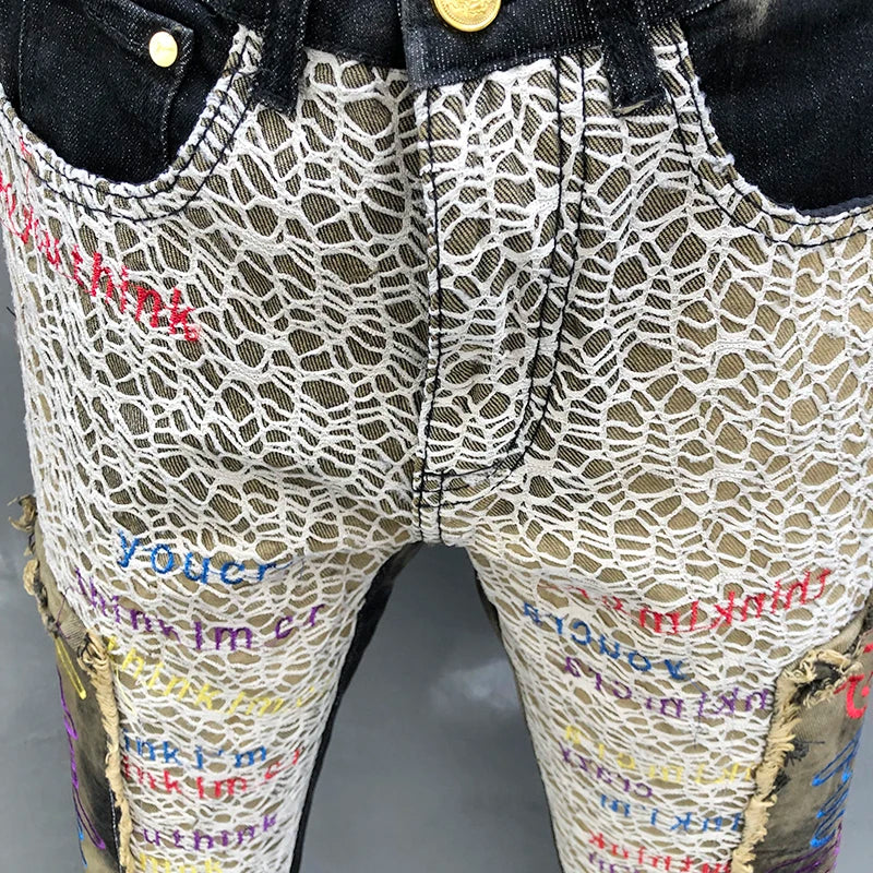 Abstract Embroidery Splicing Patchwork Jeans