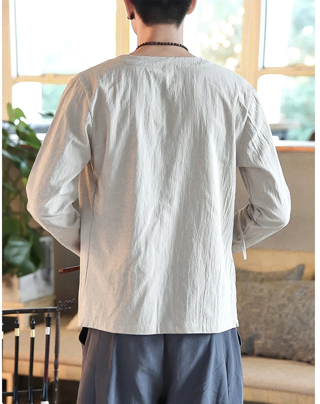 Chinese Asymmetric Lining Tied Long Sleeve Casual Style Men Shirts