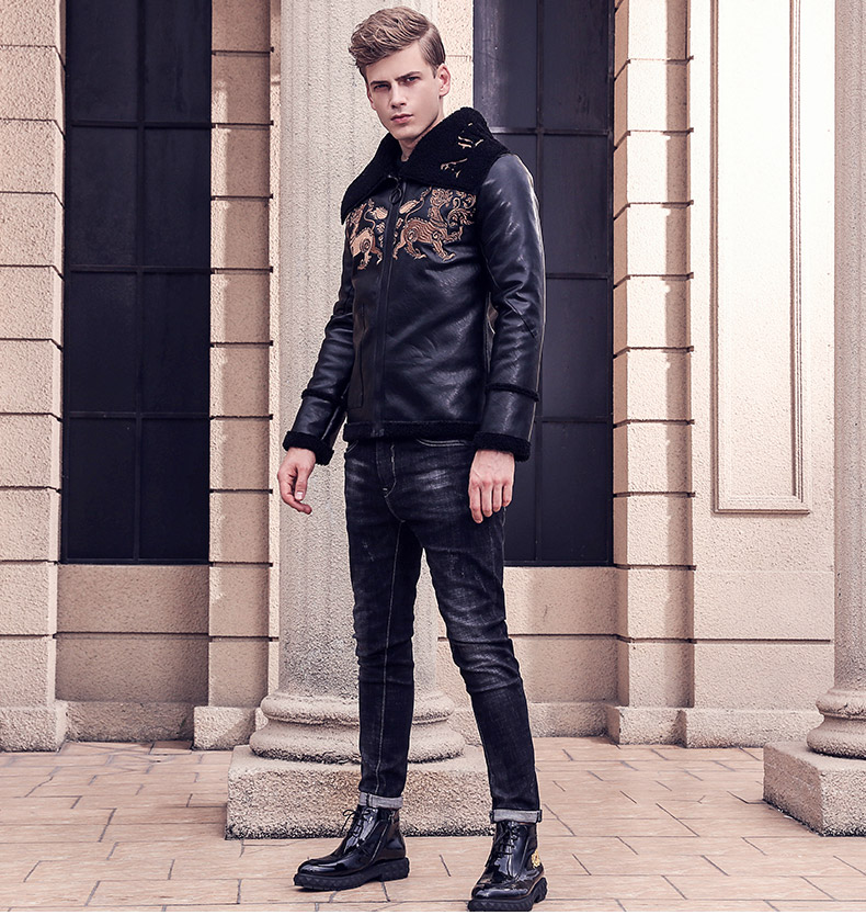 Black Broad Collar with Animal Pattern Embroidery Men Pu Leather Jacket - FanFreakz