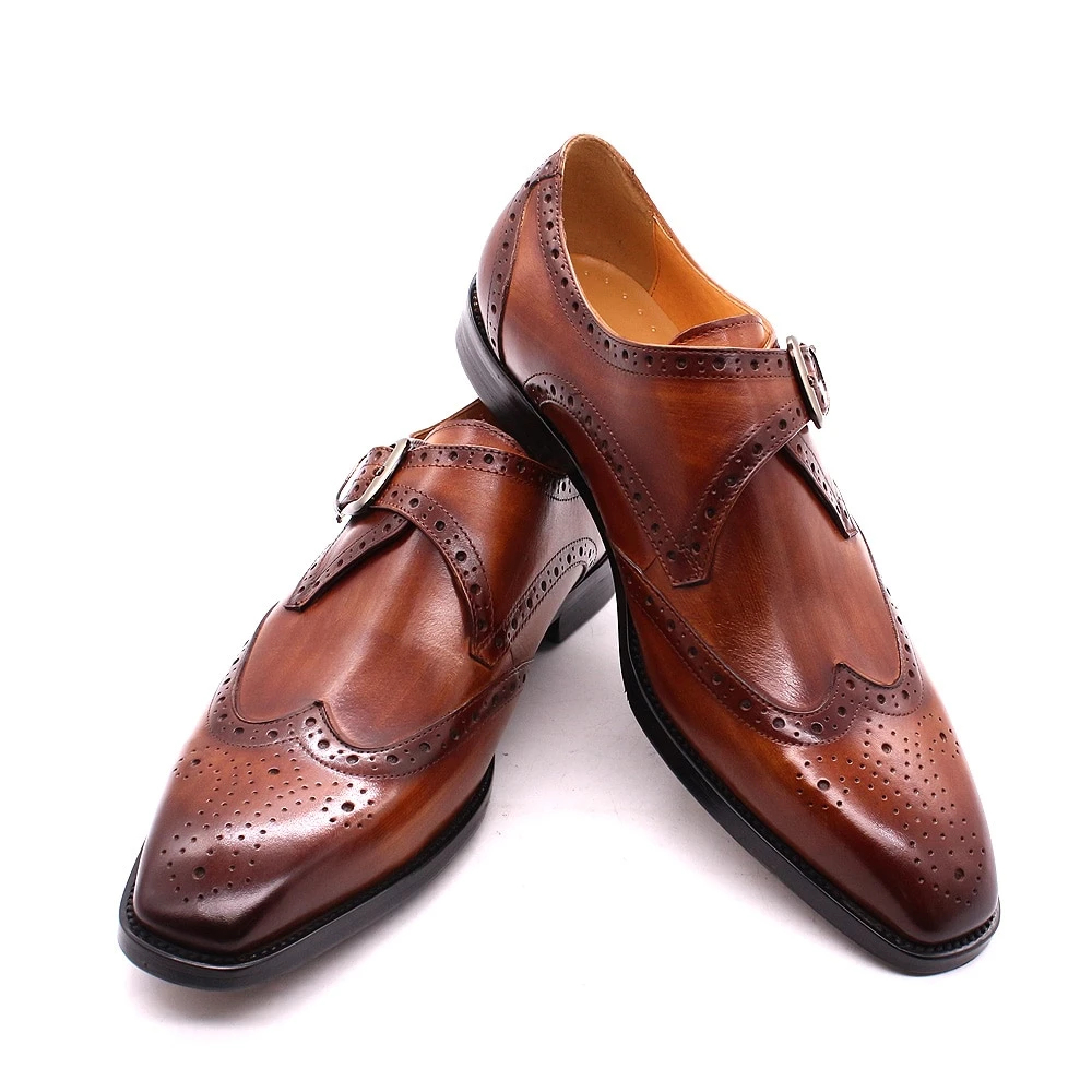 Elegant Genuine Leather Italian Wingtip Brogue Shoes with Monk Strap