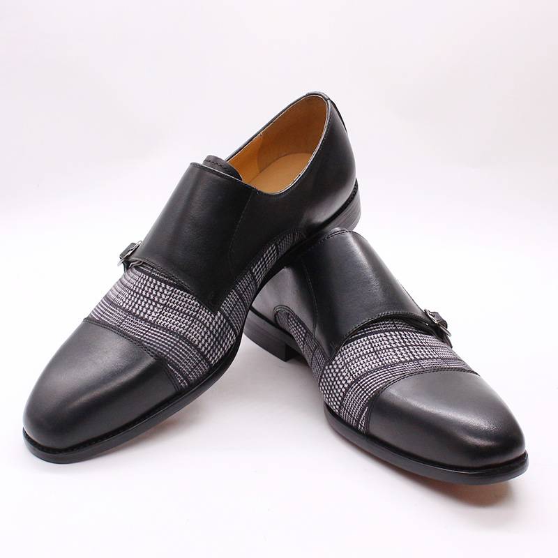 Plaids Patchwork Leather Double Monk Strap Pointed Toe Men Shoes
