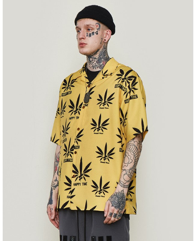 Yellow with Leaf Print in Summer Hawaiian Loose Style Men Short Sleeves Shirt