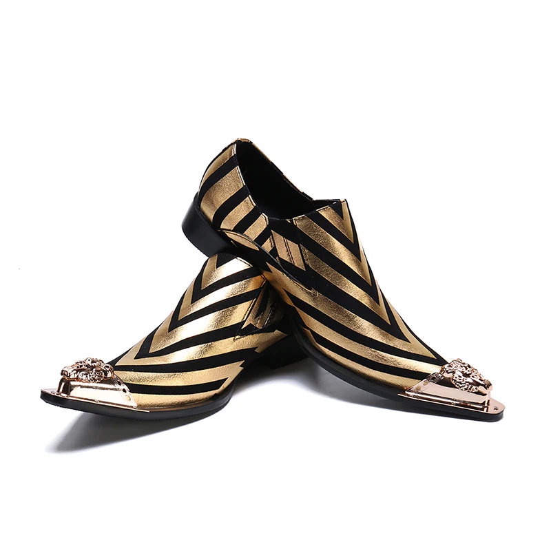 Metallic Striped Leather Pointed Metal Toe Men Shoes