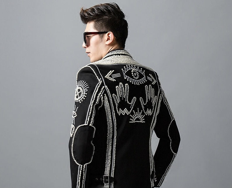 Unique Tribal Art Pattern Sequin Men Black Blazer