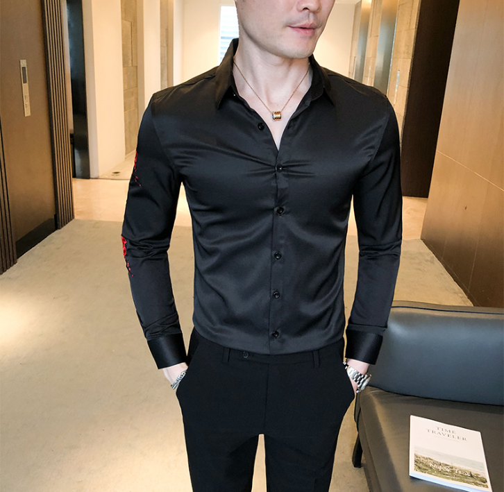 Red Flower and Branches Embroidery Decorated Shirt